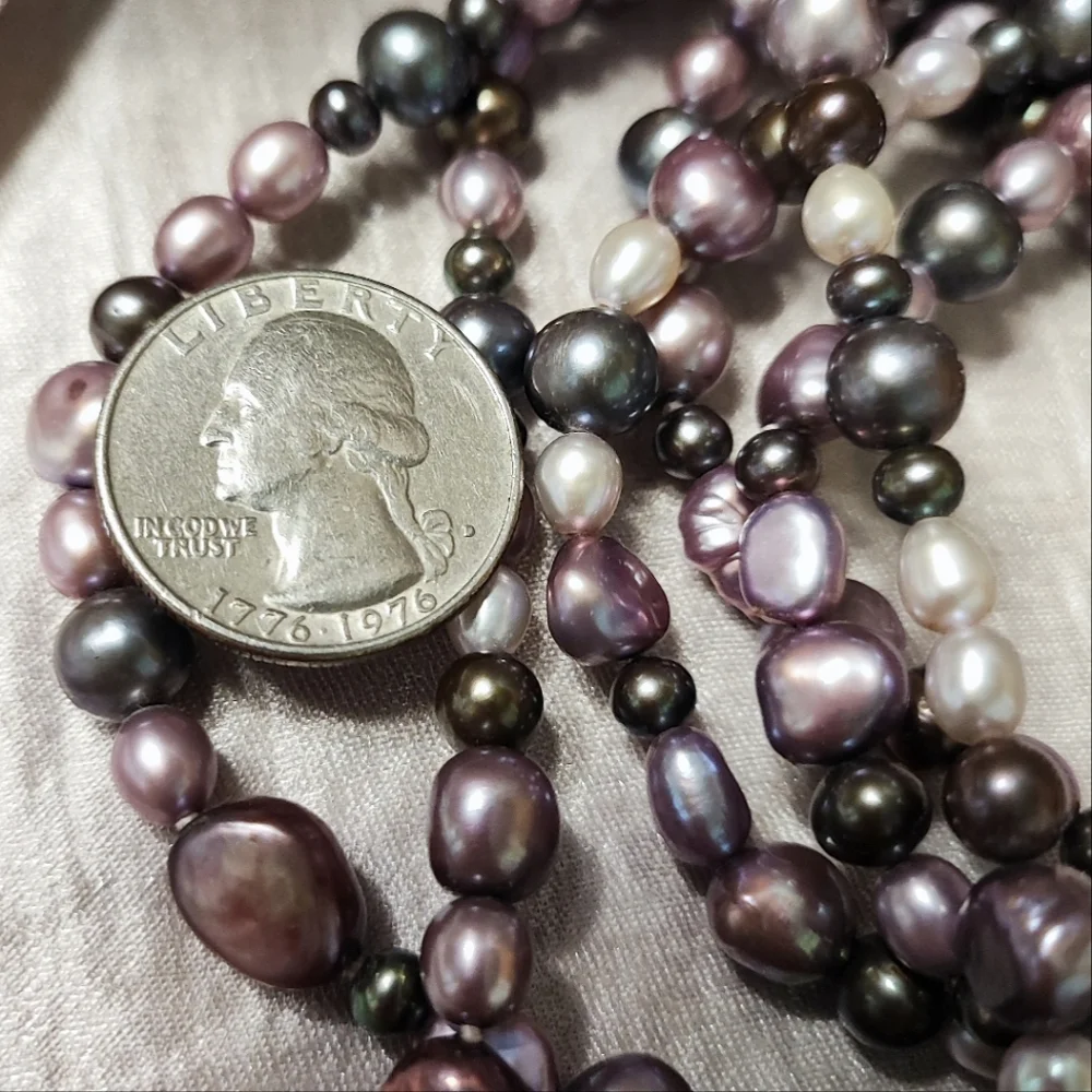 Peacock Freshwater Glass Pearls Gray Purple Lavender Cream Long Strand Necklace